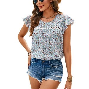 Women's Floral Shirt Lace Trim Ruffle Short Sleeve Blouse Crew Neck Casual Boho Vacation Top - 1 of 3