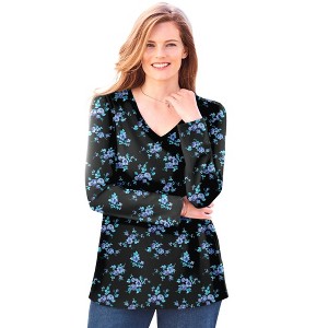 Woman Within Plus Size Perfect Printed Long-Sleeve V-Neck Tee - 1 of 4