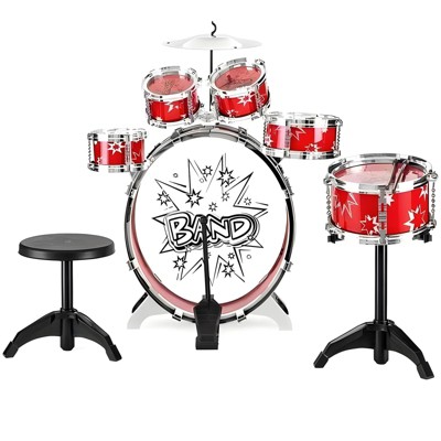 SUGIFT 11-Piece Kids Starter Drum Set, Red, 3+ Yrs, 15.74" x 6.89" x 16.73"