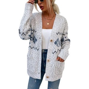 Clearlove Women's Christmas Snowflake Knit Single Button Pocket Sweater Festive Holiday Pullover Casual Comfort Top - 1 of 4
