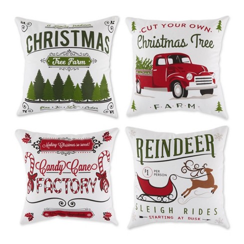 Christmas Tree and Santa Claus Printed Decorative Holiday Series Throw  Pillow with inserts, Red and White, 18 x 18, Set of 4 
