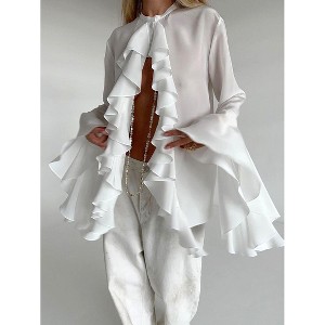 Women's Crew Neck Blouses Fashion Solid Button Collar Tops Throughout Ruffled Semi Open Front Long Bell Sleeve Shirts - 1 of 4