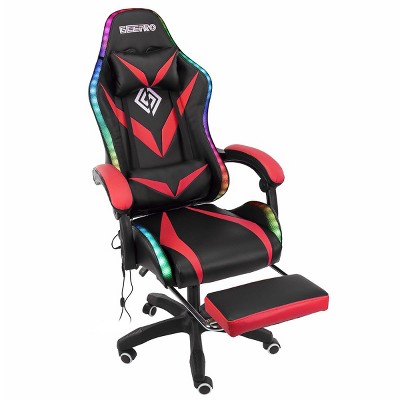 Hoffree Upholstered Massage Gaming Chair Ergonomic Office PC Chair with Bluetooth Speaker & RGB Light