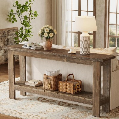 Tribesigns 63" Farmhouse Console Table, 2-Tier Solid Wood Console Table, Behind Couch Sofa Tables for Living Room, Hallway, Foyer