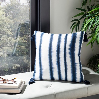 Cassia 16" Square Black and Blue Polyester Pillow with Tassels