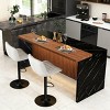 Modern Black Kitchen Island Dining Table with LED Lights and 2 Brown Bar Stools, Faux Marble Counter Height Set for Eat-in Kitchen-3irtyhousy - 3 of 4