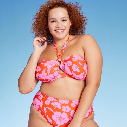 Women's Ring Front Halter Bandeau Bikini Top - Wild Fable™ Orange/Pink  Tropical Print 3X