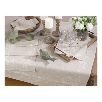 Beige Embroidered Floral Linen-Blend Table Runner, 16" x 72"