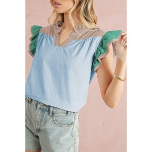 I AM A FASHION JUNKY Mist Blue Colorblock Ruffled Sleeve Frill V Neck Blouse - 1 of 4