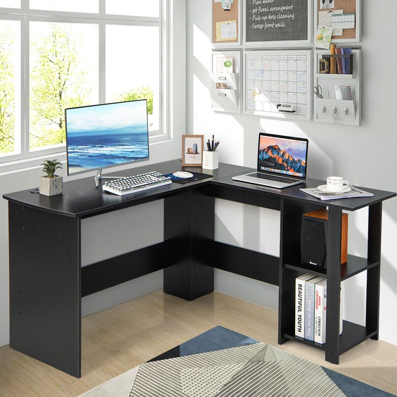 Tangkula L-Shaped Office Computer Desk w/ Spacious Desktop & 2-Tier Open Shelves Black, 2 of 11