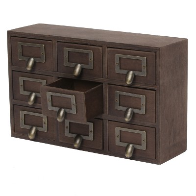 Rustic Brown Wood Desktop Organizer with 9 Apothecary Drawers
