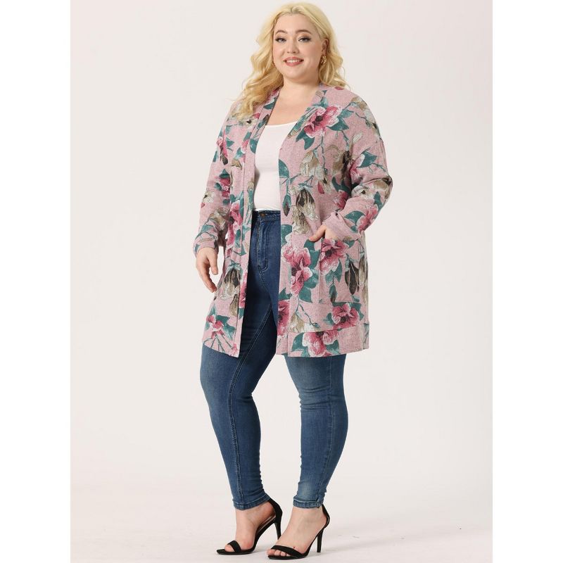 Agnes Orinda Women's Plus Size Lightweight Open Front Knit Floral Cardigan, 4 of 7