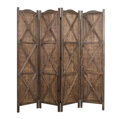 Rancho Barn 4 Panel Room Divider with Folding Screen Room Partition Paulownia Wood Brown - Proman Products: Vintage Farmhouse Style