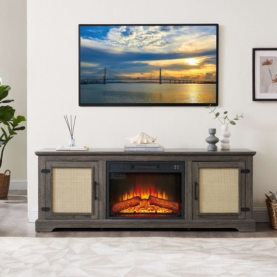 VYNXARIA Grey Farmhouse Rattan TV Stand Console Table with Adjustable Shelf and 23" Fireplace Insert for TVs up to 70 Inches