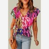 Amaryllis Women’s Multicolor Floral Ruffle Sleeve Blouse Split Neck Pleated Texture Lightweight Relaxed - 3 of 4