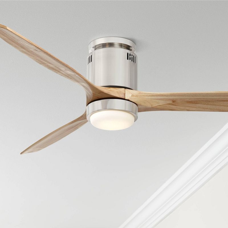 52" Casa Vieja Modern Hugger Indoor Ceiling Fan with Light LED Remote Brushed Nickel Natural Solid Wood Carved Blades for Living Room, 2 of 9