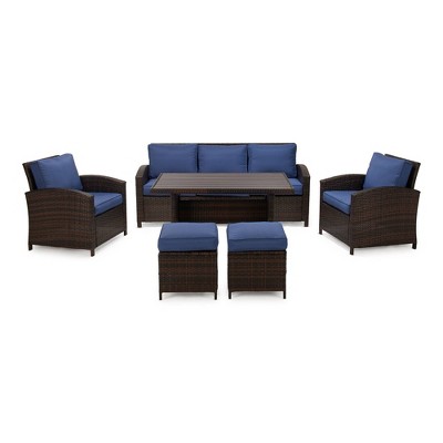 6pc Wicker Outdoor Conversation Set with Cushions & Ottomans - Blue - EDYO LIVING