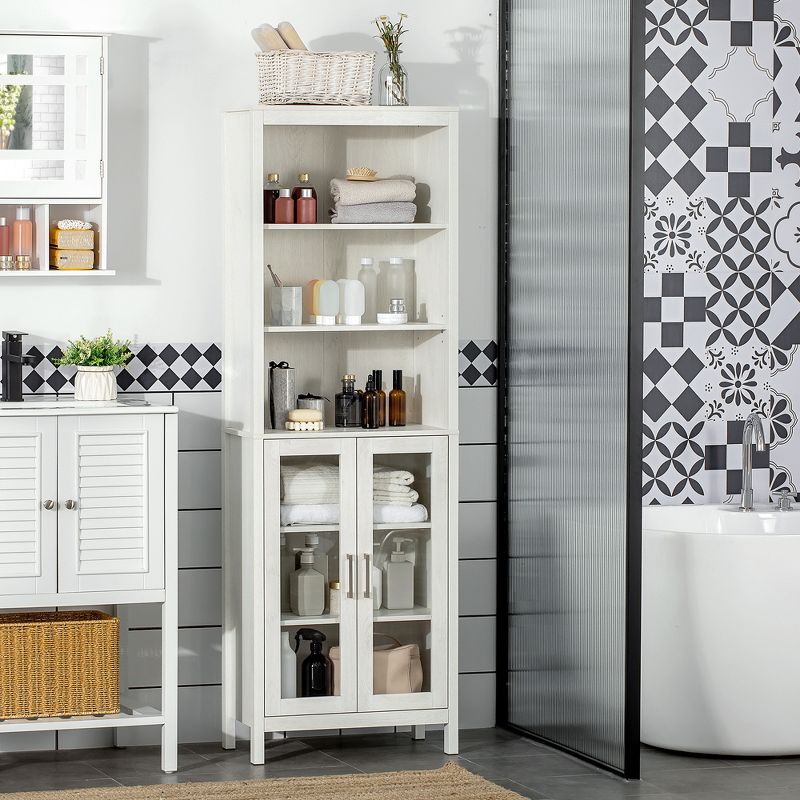 kleankin Tall Bathroom Storage Cabinet with 3 Tier Shelf, Glass Door Cupboard, Freestanding Linen Tower with Adjustable Shelves, 2 of 7