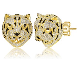 Guili Sterling Silver Gold Plated Leopard Head Stud Earrings with Clear Cubic Zirconia, a Fierce and Elegant Accessory for a Bold Fashion Choice - 1 of 2
