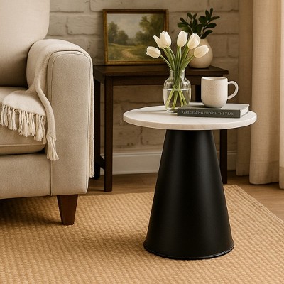 Royal Hampton Side End Table, Marble 18 Inch Round Top, Modern Pedestal Base
