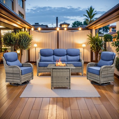 4 Piece Patio Furniture Set with Fire Pit Table, 2 x Swivel Rocker Chair, 1 x 3-Seat Sofa, 5 Seats Outdoor Conversation Set for Lawn Garden Backyard