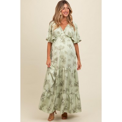 PinkBlush Light Olive Floral Deep V-Neck Maternity Maxi Dress