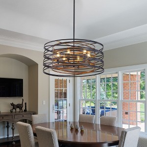 24" Rustic Industrial Pendant Light, 6-Light Black and Walnut Metal Cage Chandelier with Wood Accents for Kitchen Island and Dining Room (No Bulbs) - 1 of 4