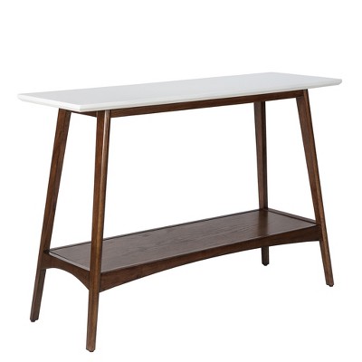 Vynxaria Elegant White Console Table Coffee Table with Pecan Finish and Storage Shelf
