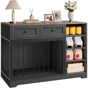 Dog Crate, Wooden Dog Kennel End Table with 2 Drawers and 4 Open Storage Shelves, Removable Bowls - 1 of 4