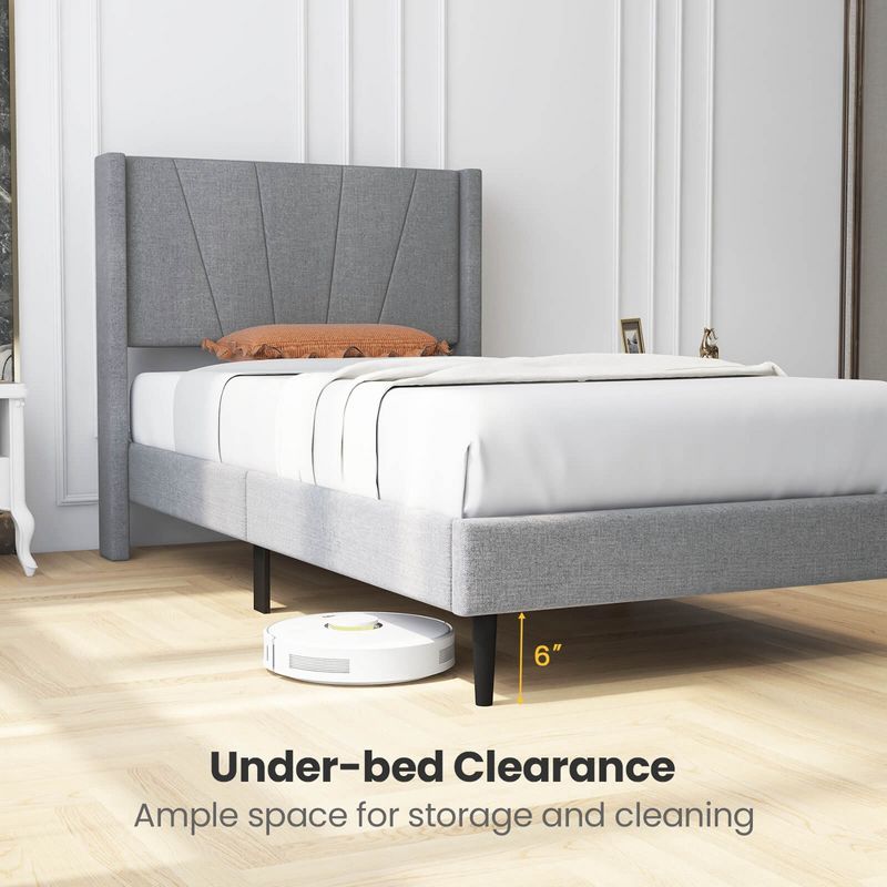 Costway Queen/Twin Bed Frame Modern Platform Bed with Linen Upholstered Wingback Headboard, 5 of 11