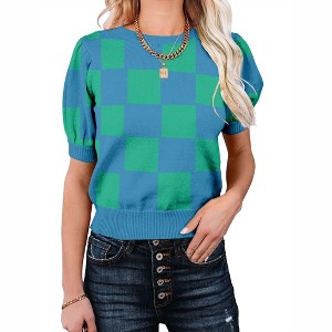 Women's Short Sleeve Sweater Tops 2025 Spring Summer Trendy Crew Neck Casual T Shirts Blouses,Blue Green Plaid - S - 1 of 4