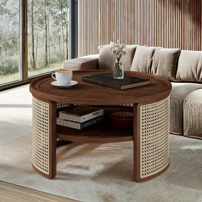TIRAMISUBEST 2-Tiered Round Wood Coffee Table with Storage Rattan Base, Modern Center Table Cocktail Table for Living Room