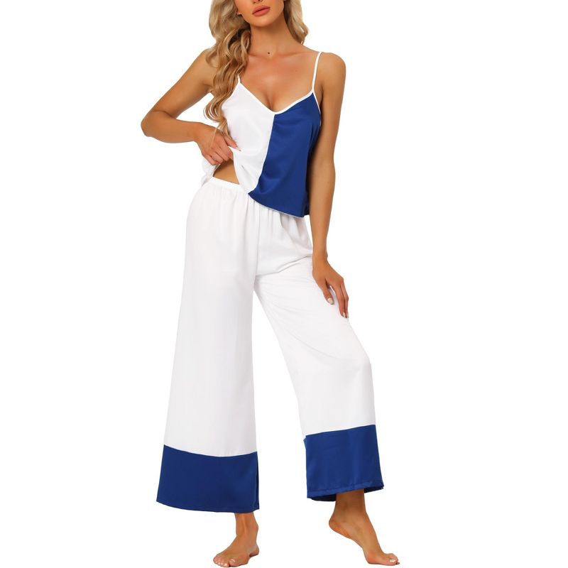 cheibear Womens Satin Lounge Color Block Cami Tops with Pants Sleepwear Pajamas Sets, 1 of 6
