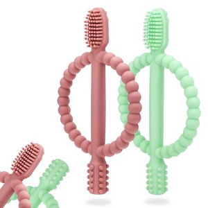 Baby Teething Toys with Easy-Hold Handle – Silicone Infant Toothbrush, Dual-Textured for Gum Massage & Relief, Safe for 0–12 Months, Green & Caramel - 1 of 4