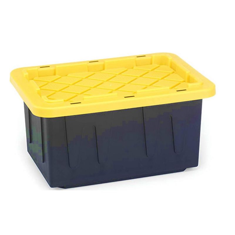 Homz 15-Gallon Durabilt Plastic Stackable Storage Organizer Container w/Snap Lid and Hasps for Tie-Down Straps or Locks, Black/Yellow (4 Pack), 3 of 7