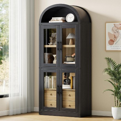 71.4" Arched Farmhouse Bookcase w/ Doors & Drawers, 15.83" Deep Wood Display Cabinet for Living Room, Bedroom