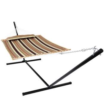 Sunnydaze 2-Person Quilted Fabric Spreader Bar Hammock with Detachable Pillow and Stand - 400 lb Weight Capacity/15' Stand