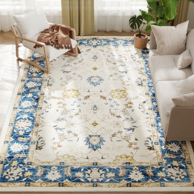 HOMCOM Machine Washable Area Rug 8x10, Non-Slip Boho Floral Print Floor Carpet for Living Room, Bedroom, Dining Room, Blue