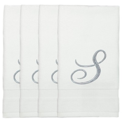 BC BARE COTTON Monogrammed Fingertip Towels, Personalized Gift, 11 x 18 Inches - Set of 4 - White - Silver Script