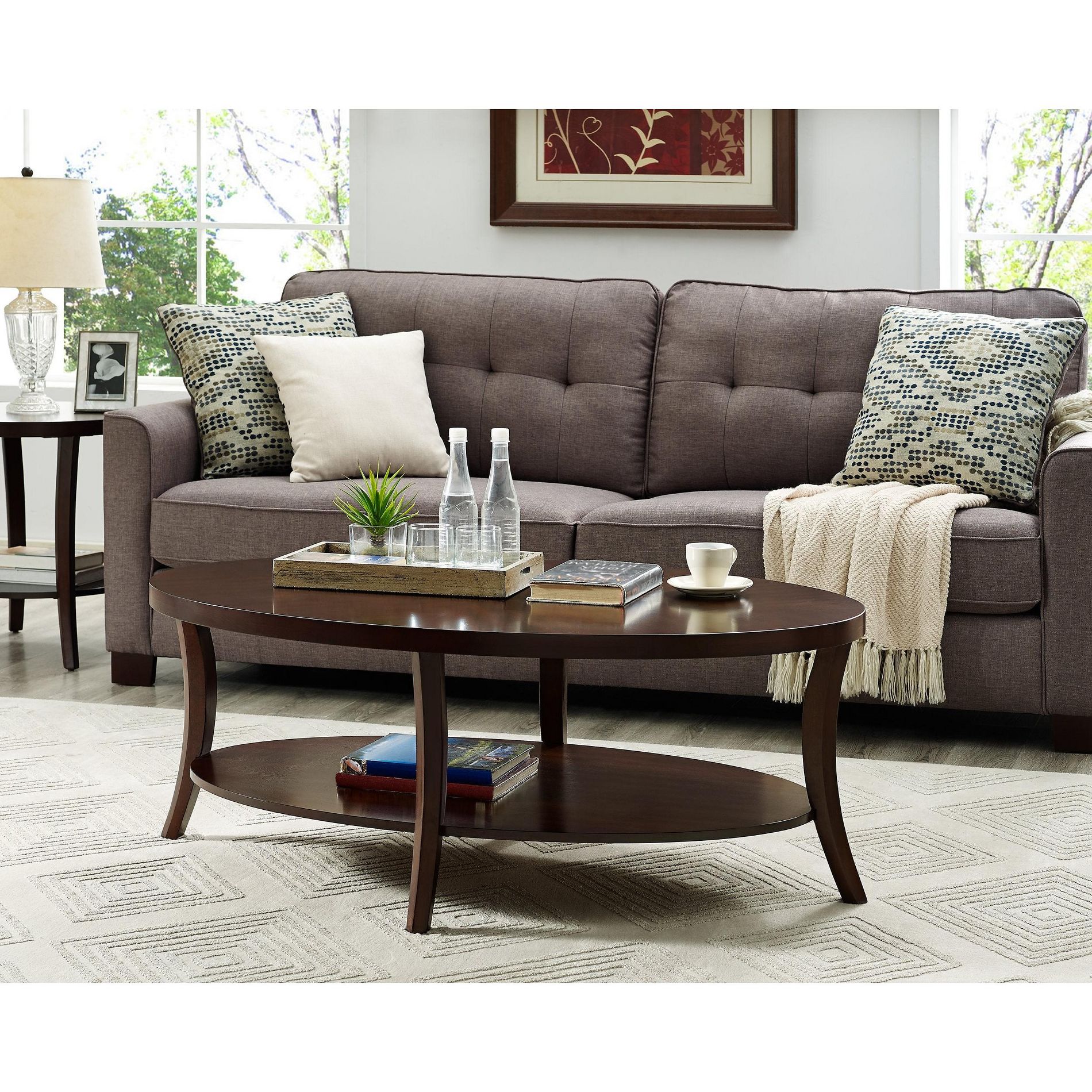 Roundhill Furniture Perth Contemporary Oval Coffee Table with Shelf, Espresso