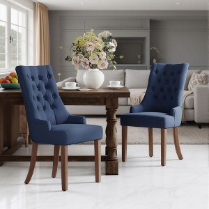 Set of 2 Wingback Upholstered Dining Chairs with Tufted Back and Wood Legs, Fabric Side Chairs for Kitchen or Living Room - 1 of 4