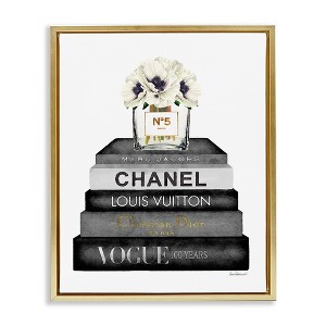 Stupell Industries Monochrome Fashion Designer Bookstack Floating Frame Canvas Art, Gold, 17" x 21" - 1 of 4