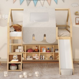 PAGED Twin Size Loft Bed with Storage and Padded Slide, Wooden House-shaped Bed Frame with Guardrail, Modern Loft Bed for Boy and Girl - 1 of 4