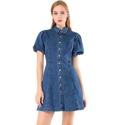 Allegra K Women's Button Down Belted Pleated Flare A-line Denim Shirt Dress  Dark Blue Small : Target