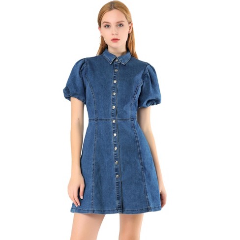 Allegra K Women's Puff Short Sleeve Collared Button Front Mini Jean Denim  Dress Dark Blue Small