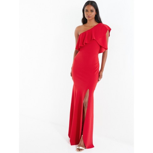 Red One Shoulder Frill Split Maxi Dress