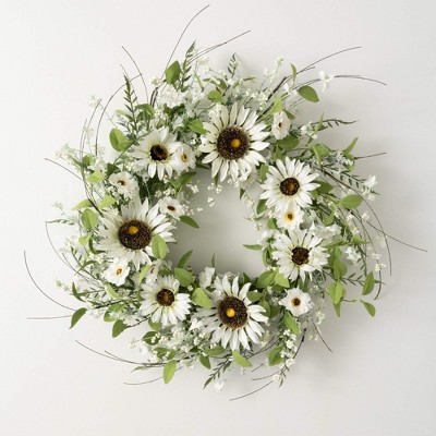 Sullivans Artificial Sunflower and Wispy Berry Wreath 26"H; White