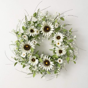 Sullivans Artificial Sunflower and Wispy Berry Wreath 26"H; White - 1 of 3