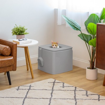 Gray Premium Top Entry Cat Litter Box with Scoop