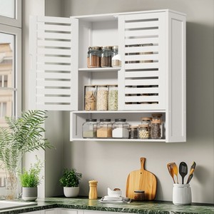 Artloge Large Bamboo Bathroom Wall Mount Cabinet Medicine Organizer Over The Toilet White Storage Cupboard with 2 Door & 3 Tier Shelves - 1 of 4